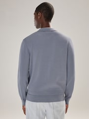 Slate Blue Regular Fit Cotton Rich Long Sleeve Knitted Polo Shirt - Image 3 of 5