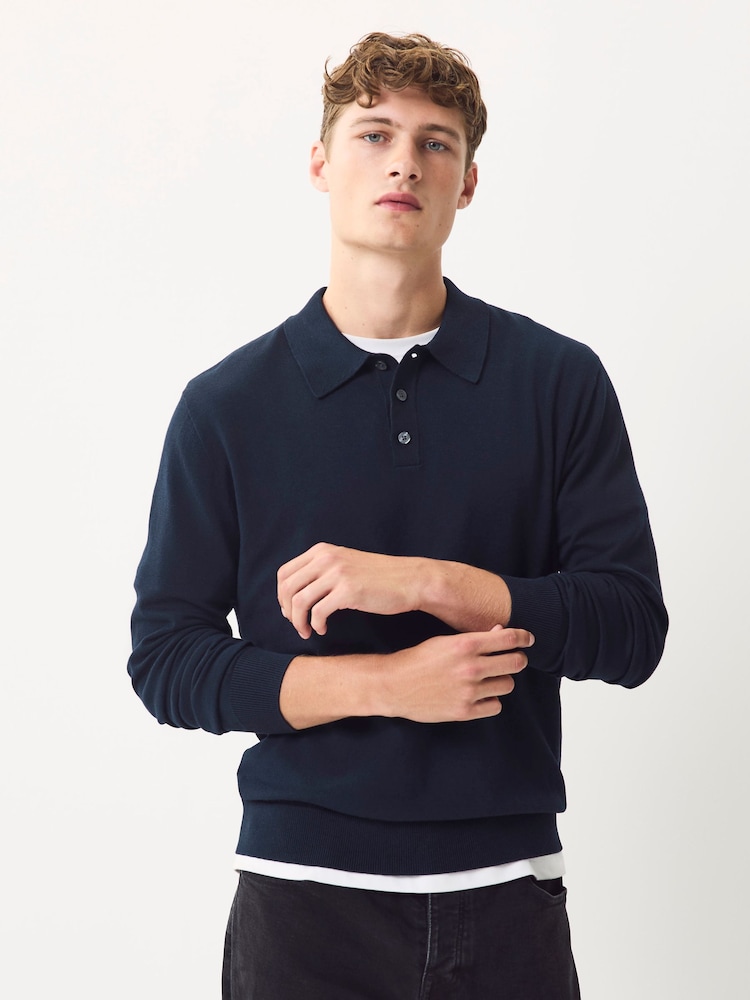 Navy Blue Regular Fit Cotton Rich Long Sleeve Knitted Polo Shirt - Image 1 of 8
