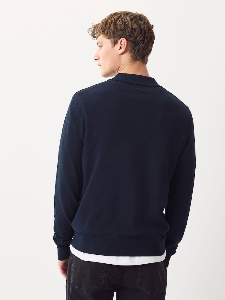 Navy Blue Regular Fit Cotton Rich Long Sleeve Knitted Polo Shirt - Image 2 of 8