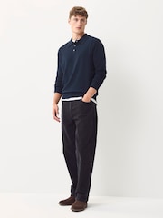 Navy Blue Regular Fit Cotton Rich Long Sleeve Knitted Polo Shirt - Image 3 of 8