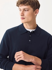 Navy Blue Regular Fit Cotton Rich Long Sleeve Knitted Polo Shirt - Image 4 of 8
