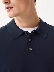 Navy Blue Regular Fit Cotton Rich Long Sleeve Knitted Polo Shirt - Image 5 of 8