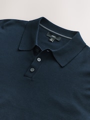 Navy Blue Regular Fit Cotton Rich Long Sleeve Knitted Polo Shirt - Image 7 of 8