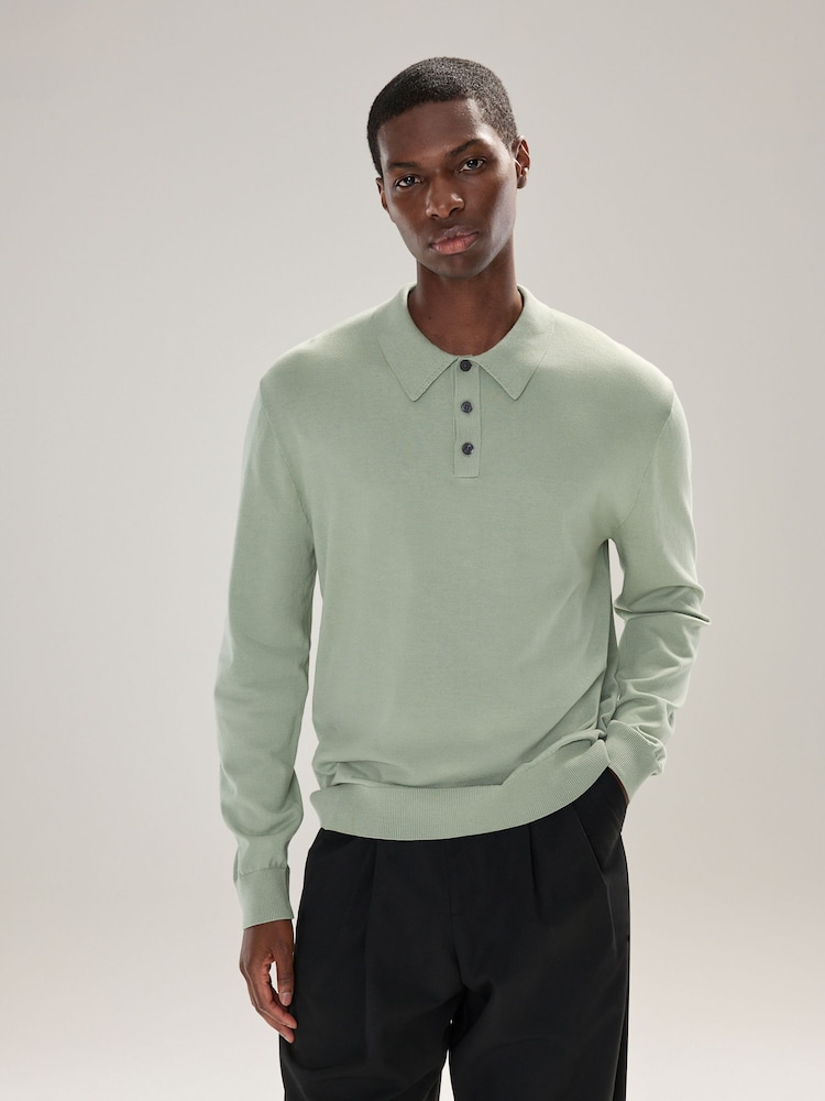Sage Green Regular Fit Cotton Rich Long Sleeve Knitted Polo Shirt - Image 1 of 7