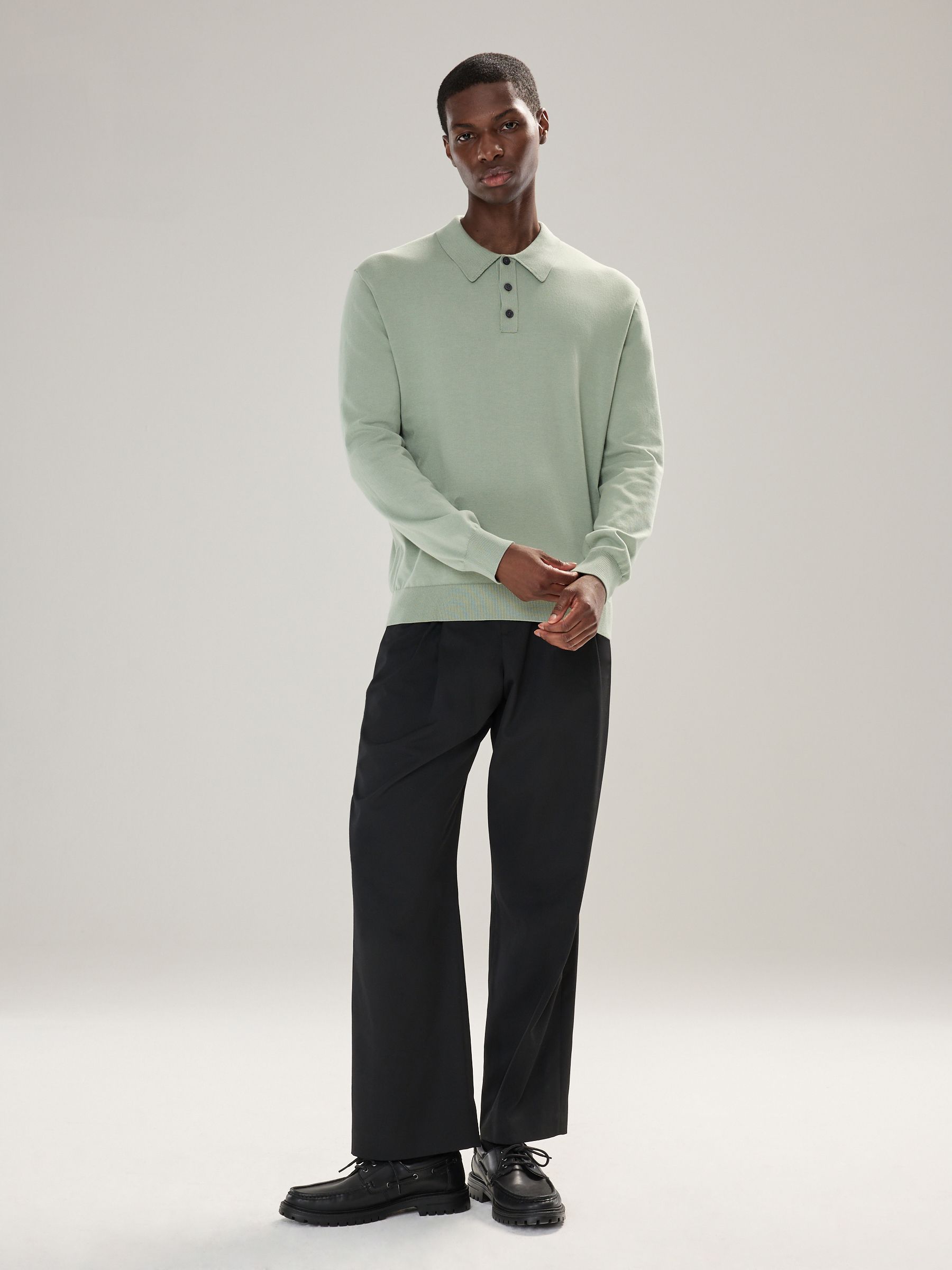 Buy Sage Green Regular Fit Cotton Rich Long Sleeve Knitted Polo