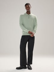 Sage Green Regular Fit Cotton Rich Long Sleeve Knitted Polo Shirt - Image 3 of 7