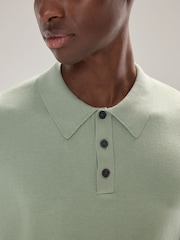 Sage Green Regular Fit Cotton Rich Long Sleeve Knitted Polo Shirt - Image 4 of 7