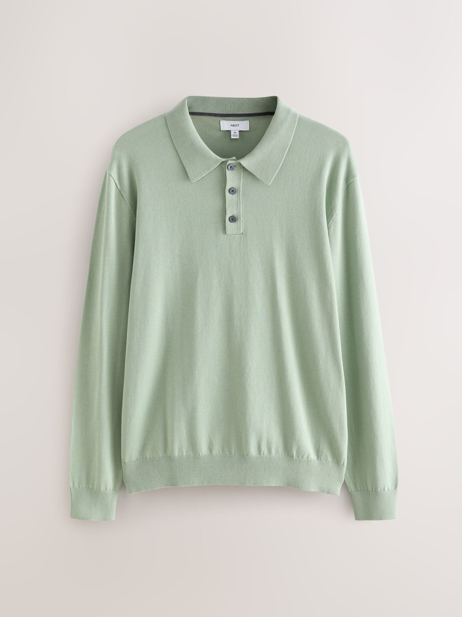 Buy Sage Green Regular Fit Cotton Rich Long Sleeve Knitted Polo