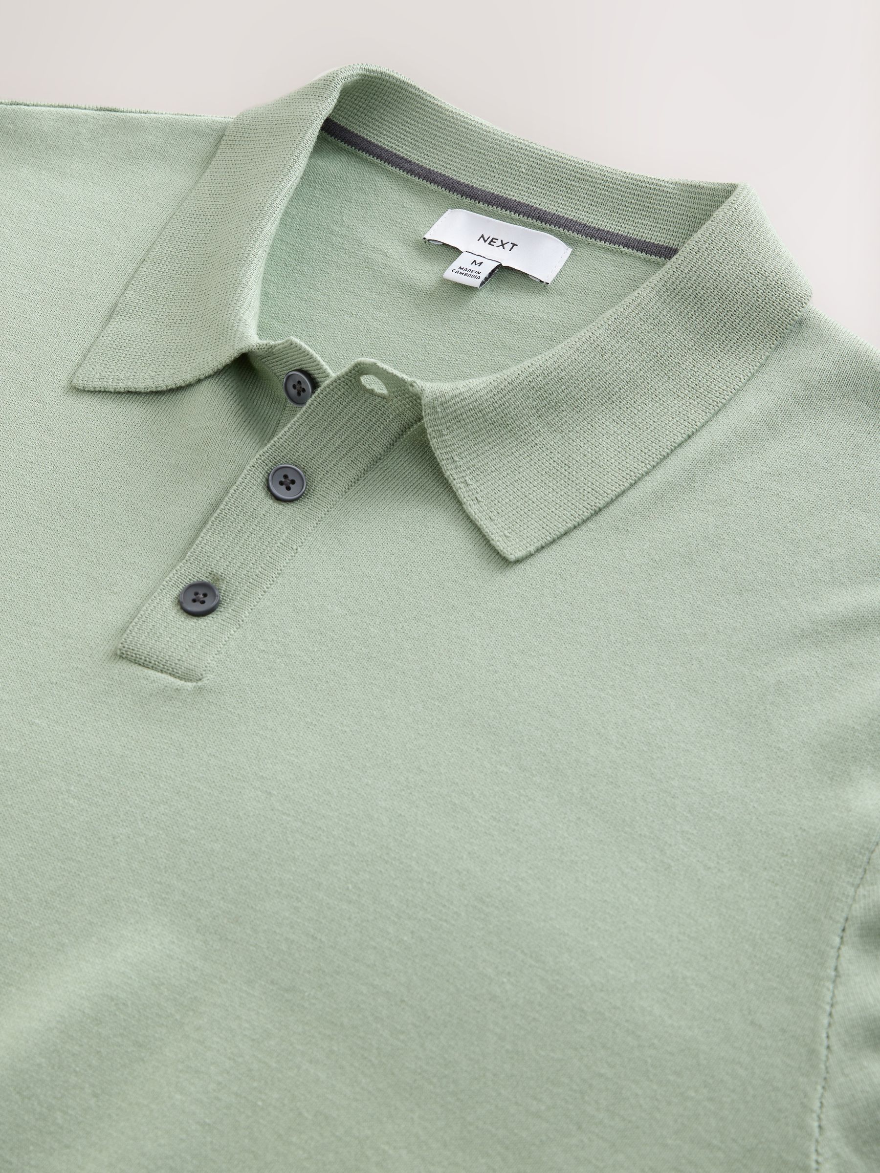 Buy Sage Green Regular Fit Cotton Rich Long Sleeve Knitted Polo
