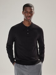 Black Regular Fit Cotton Rich Long Sleeve Knitted Polo Shirt - Image 1 of 7