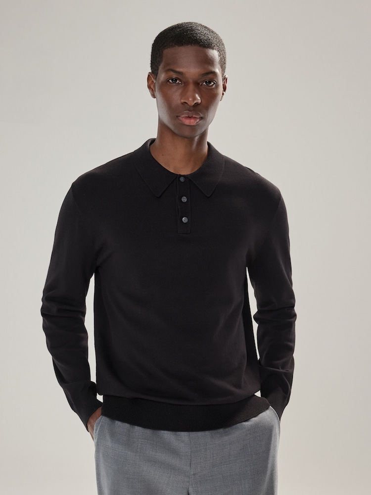 Black Regular Fit Cotton Rich Long Sleeve Knitted Polo Shirt - Image 1 of 7