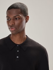 Black Regular Fit Cotton Rich Long Sleeve Knitted Polo Shirt - Image 4 of 7