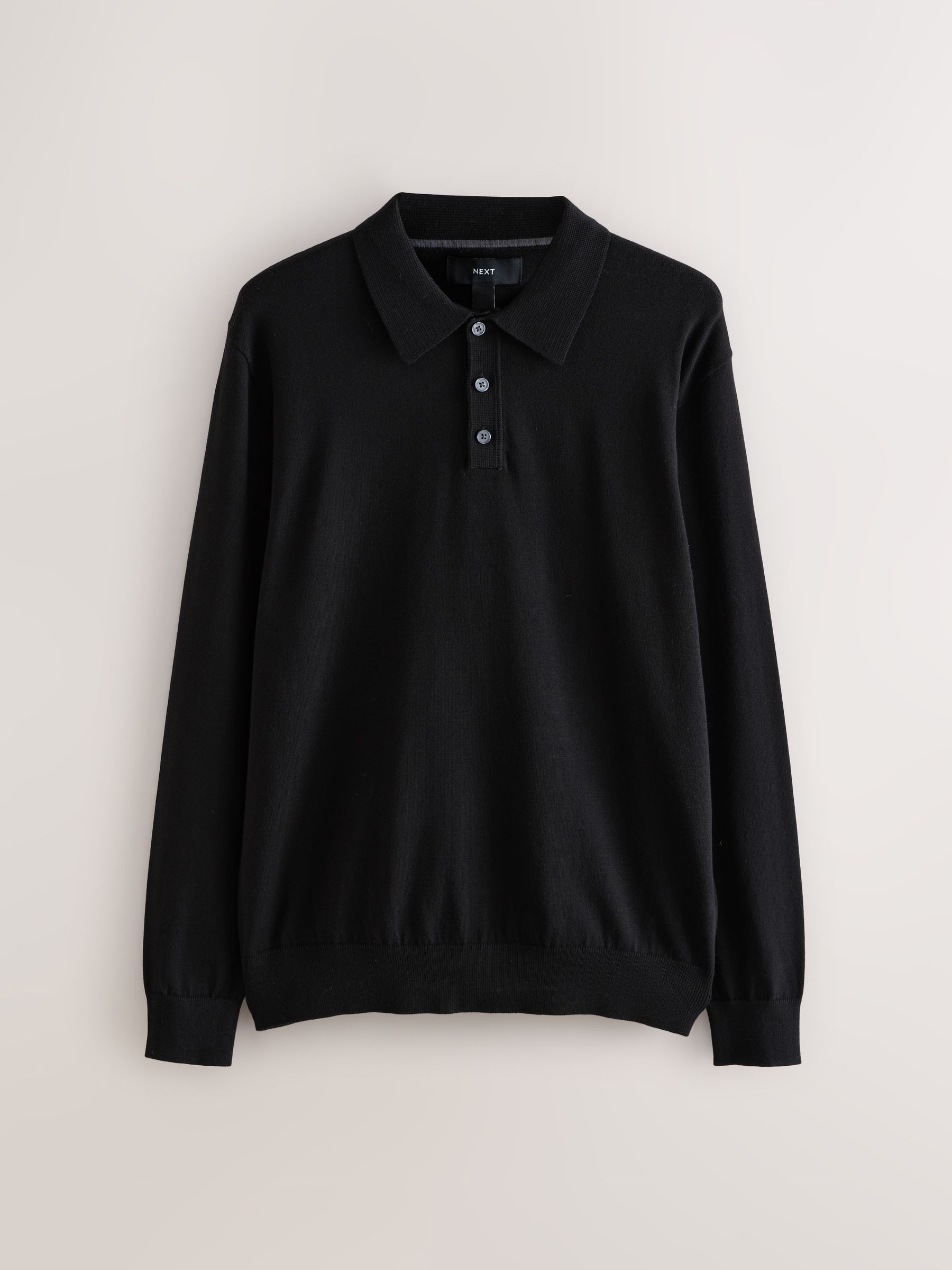 Buy Black Regular Fit Cotton Rich Long Sleeve Knitted Polo Shirt