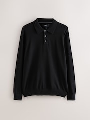 Black Regular Fit Cotton Rich Long Sleeve Knitted Polo Shirt - Image 5 of 7