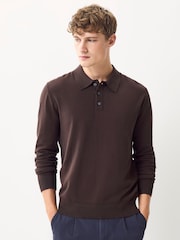 Brown Regular Fit Cotton Rich Long Sleeve Knitted Polo Shirt - Image 1 of 7