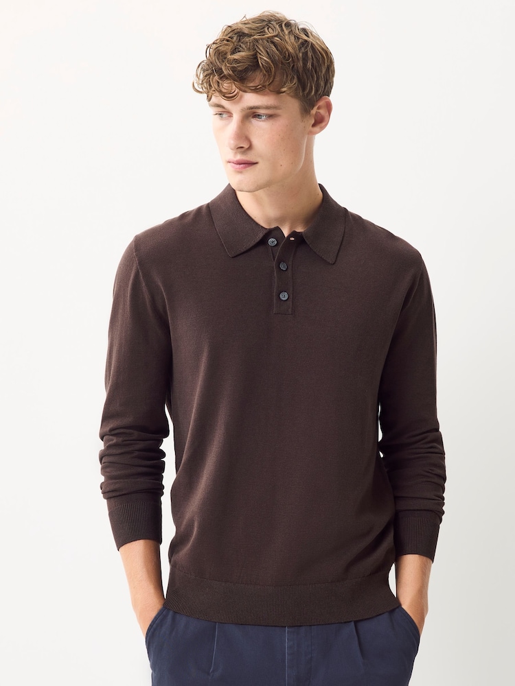 Brown Regular Fit Cotton Rich Long Sleeve Knitted Polo Shirt - Image 1 of 7