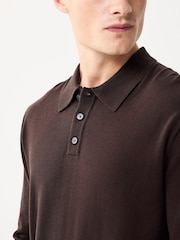Brown Regular Fit Cotton Rich Long Sleeve Knitted Polo Shirt - Image 4 of 7