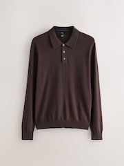 Brown Regular Fit Cotton Rich Long Sleeve Knitted Polo Shirt - Image 5 of 7