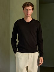 Black V-Neck Cotton Rich Long Sleeve Jumper - Image 1 of 7