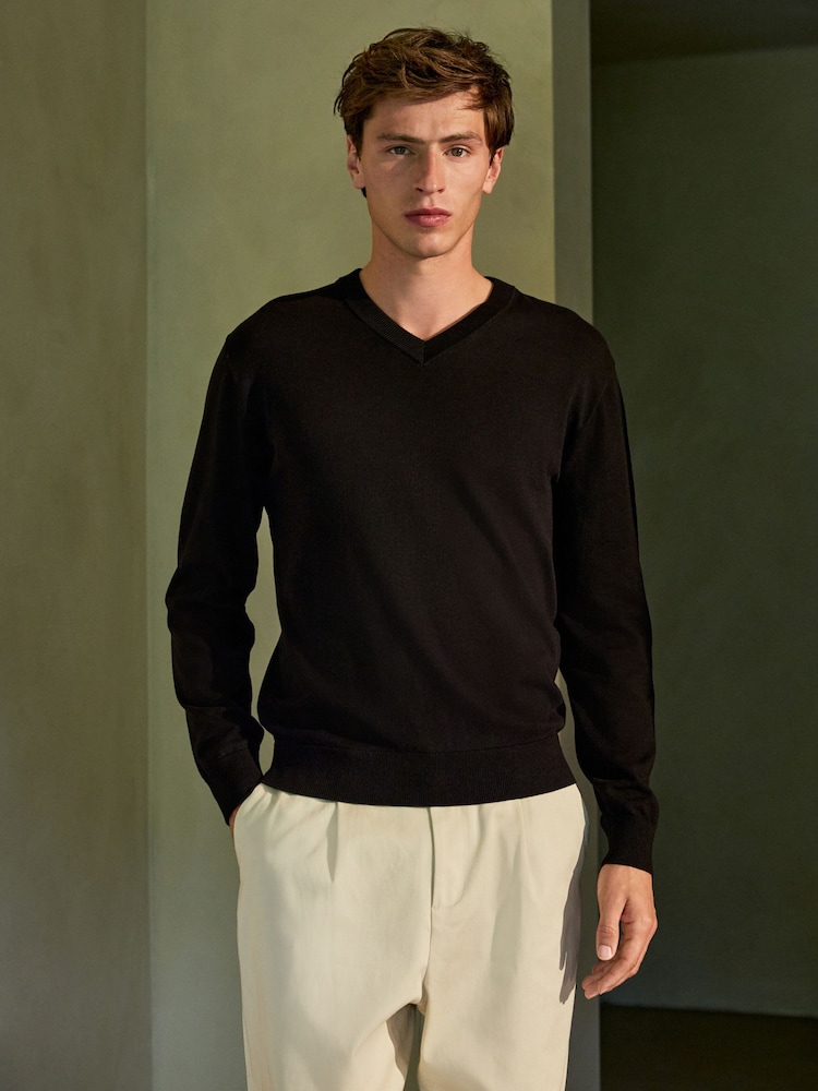 Black V-Neck Cotton Rich Long Sleeve Jumper - Image 1 of 7