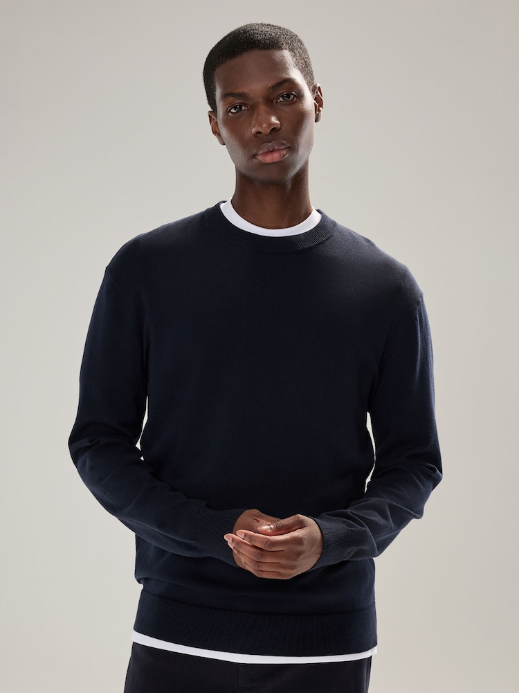 Navy Blue Plain Regular Fit Cotton Rich Crew Neck Jumper - Image 1 of 4 Navy Blue Plain Regular Fit Cotton Rich Crew Neck Jumper - Image 1 of 4