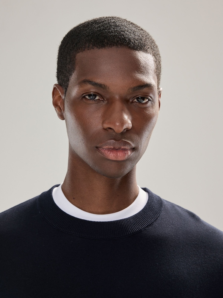 Navy Blue Plain Regular Fit Cotton Rich Crew Neck Jumper - Image 4 of 4 Navy Blue Plain Regular Fit Cotton Rich Crew Neck Jumper - Image 4 of 4