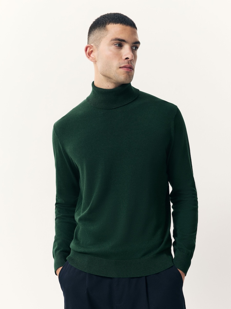 Dark Green Regular Fit Cotton Rich Roll Neck Jumper - Image 1 of 7