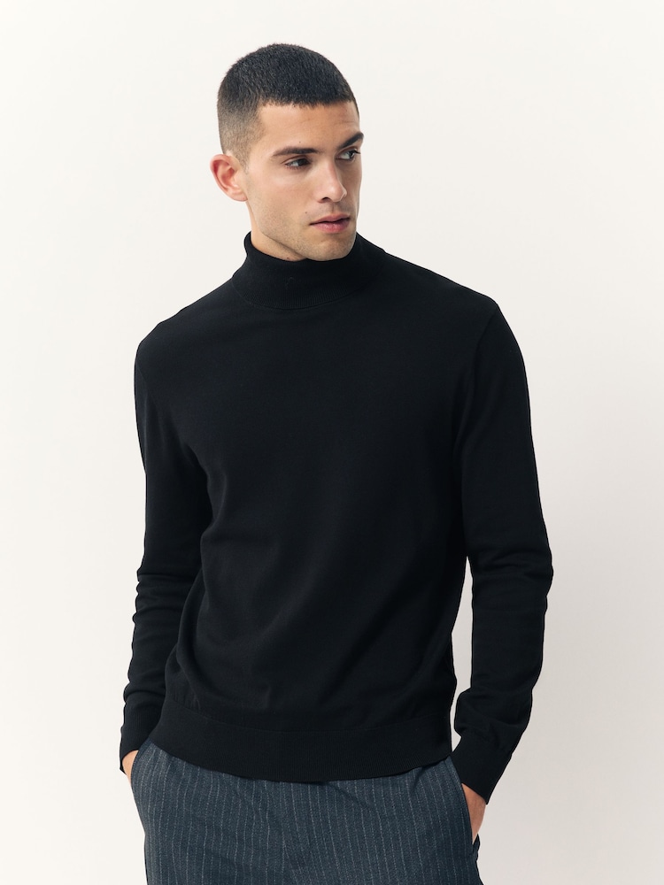 Black Regular Fit Cotton Rich Roll Neck Jumper - Image 1 of 7