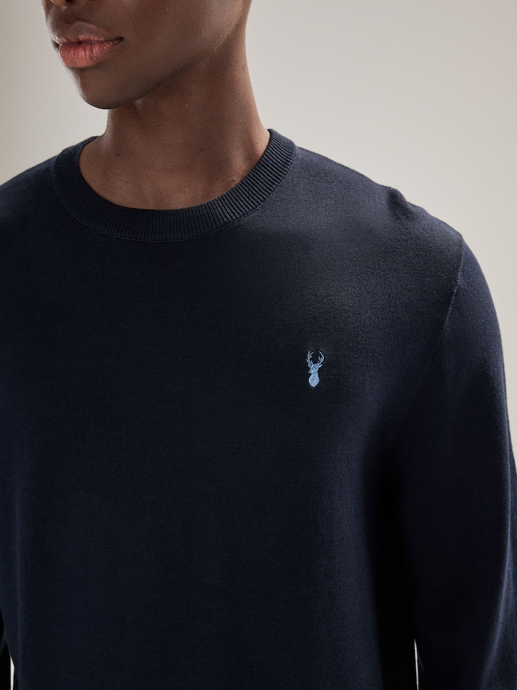 Navy Blue Stag Logo Regular Fit Cotton Rich Crew Neck Jumper - Image 4 of 4