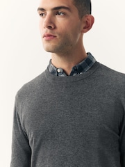 Charcoal Grey Plain Regular Fit Cotton Rich Crew Neck Jumper - Image 4 of 7