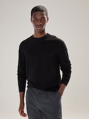 Black Plain Regular Fit Cotton Rich Crew Neck Jumper - Image 1 of 4