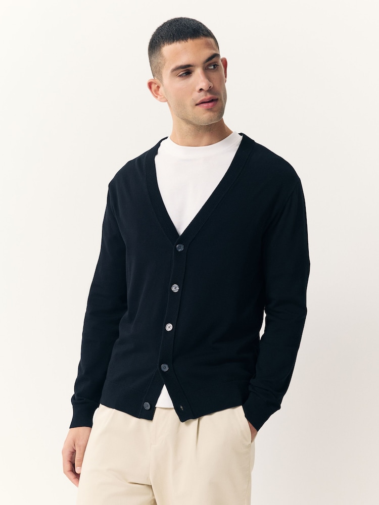 Black Regular Fit Cotton Rich Cardigan - Image 1 of 8 Black Regular Fit Cotton Rich Cardigan - Image 1 of 8