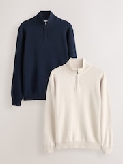 Navy Blue/Oatmeal Regular Fit Premium Quarter Zip Jumpers 2 Pack - Image 1 of 11