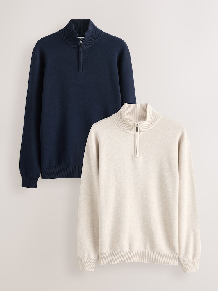 Navy Blue/Oatmeal Regular Fit Premium Quarter Zip Jumpers 2 Pack - Image 1 of 11