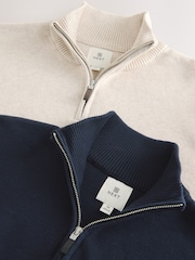 Navy Blue/Oatmeal Regular Fit Premium Quarter Zip Jumpers 2 Pack - Image 4 of 11