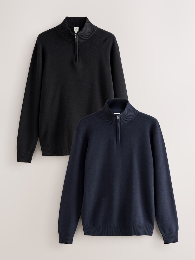 Negro/azul marino - Regular Fit Premium Quarter Zip Jumpers 2 Pack - Imagen 1 de 7
