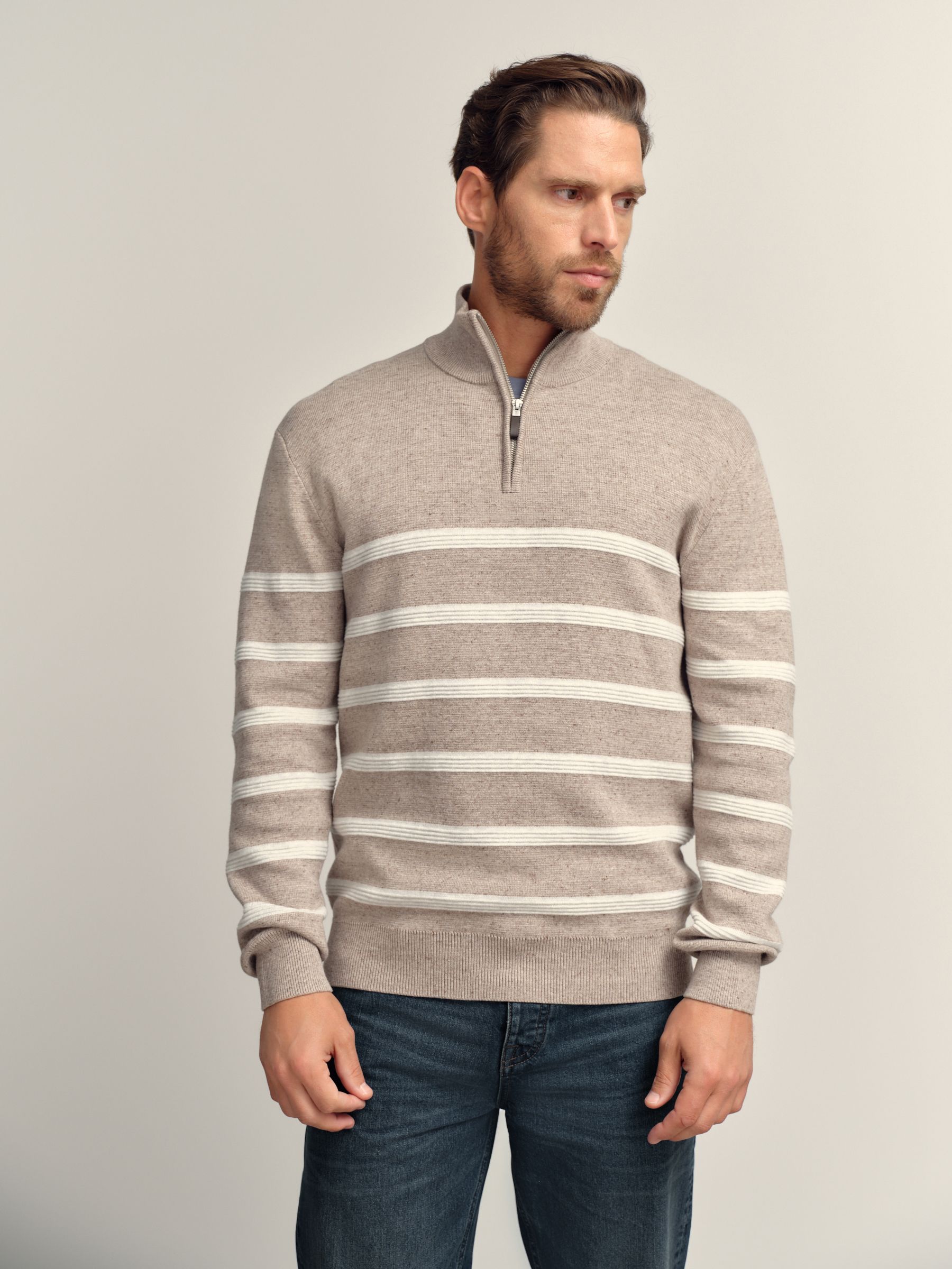 Buy Oatmeal Stripe Regular Fit 100% Cotton Premium Quarter Zip