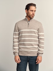 Oatmeal Regular Fit Premium Striped Quarter Zip Neck Jumper - Image 1 of 7