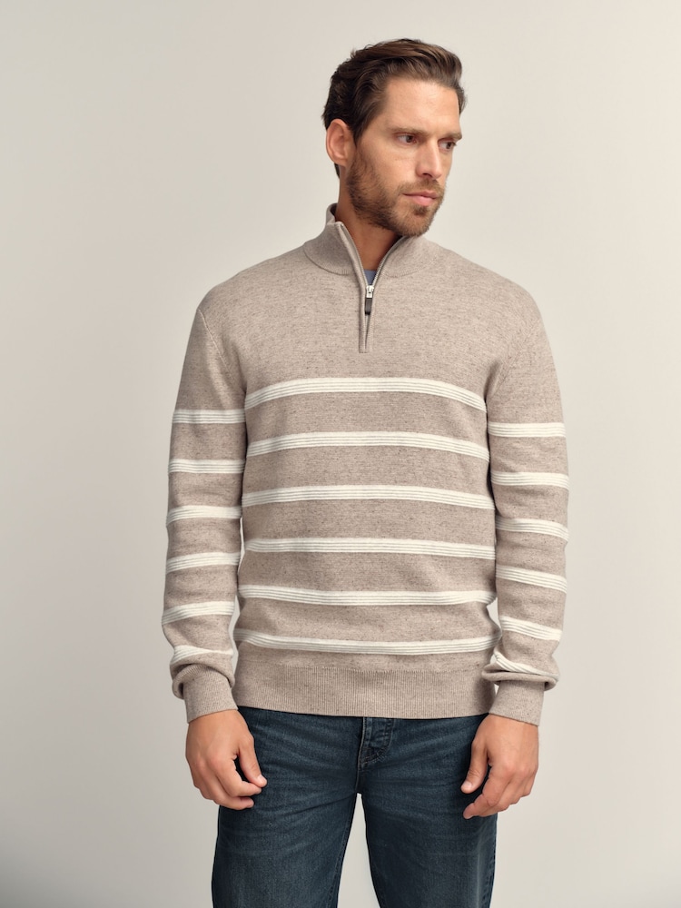 Oatmeal Regular Fit Premium Striped Quarter Zip Neck Jumper - Image 1 of 7