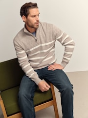 Oatmeal Regular Fit Premium Striped Quarter Zip Neck Jumper - Image 2 of 7