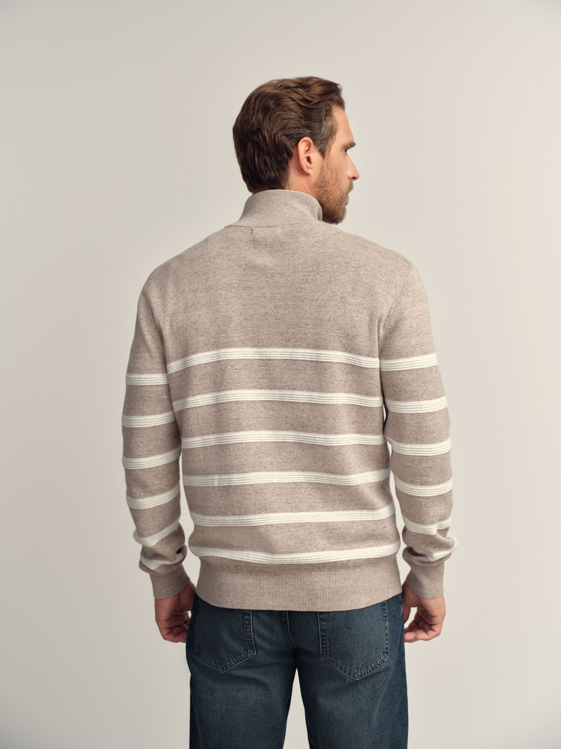 Buy Oatmeal Stripe Regular Fit 100% Cotton Premium Quarter Zip