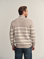 Oatmeal Regular Fit Premium Striped Quarter Zip Neck Jumper - Image 3 of 7