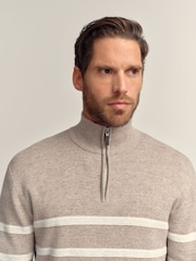 Oatmeal Regular Fit Premium Striped Quarter Zip Neck Jumper - Image 4 of 7