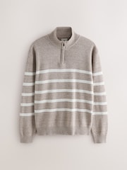 Oatmeal Regular Fit Premium Striped Quarter Zip Neck Jumper - Image 5 of 7
