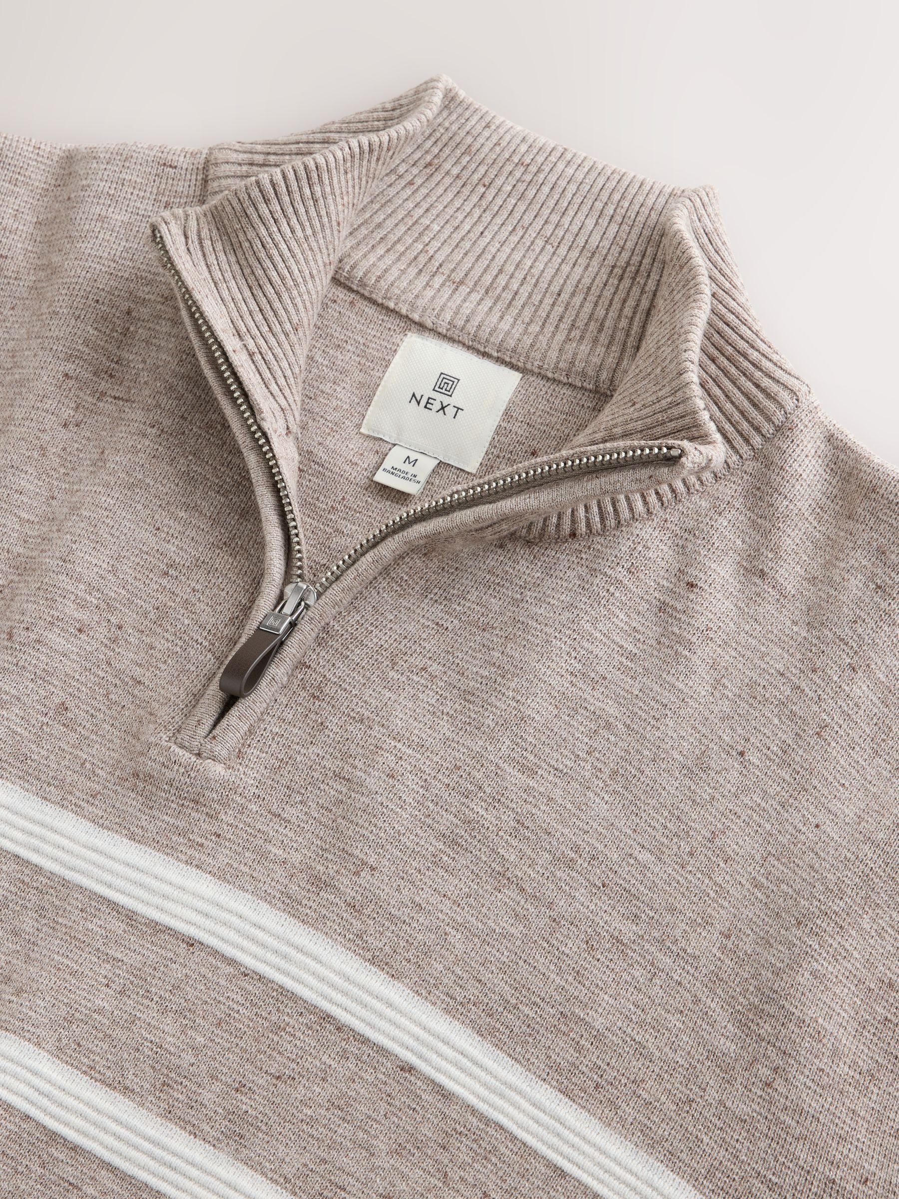 Buy Oatmeal Stripe Regular Fit 100% Cotton Premium Quarter Zip
