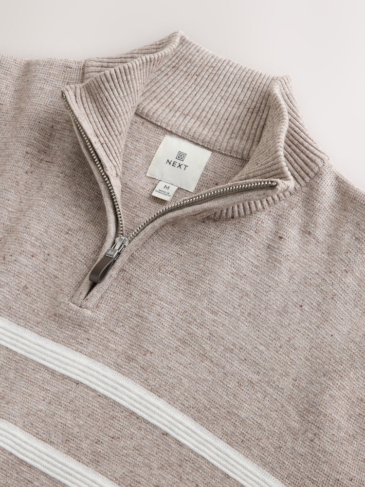 Oatmeal Regular Fit Premium Striped Quarter Zip Neck Jumper - Image 7 of 7