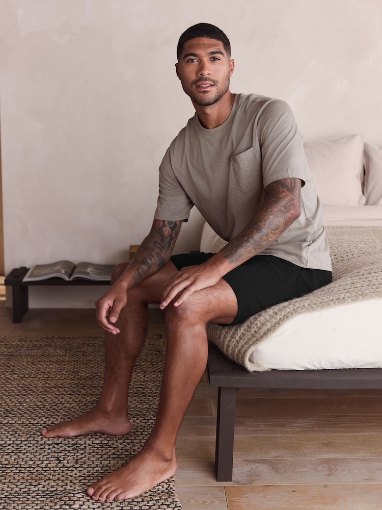 Neutral/Black Short Sleeve Jersey Pyjamas Set - Image 1 of 11 Neutral/Black Short Sleeve Jersey Pyjamas Set - Image 1 of 11