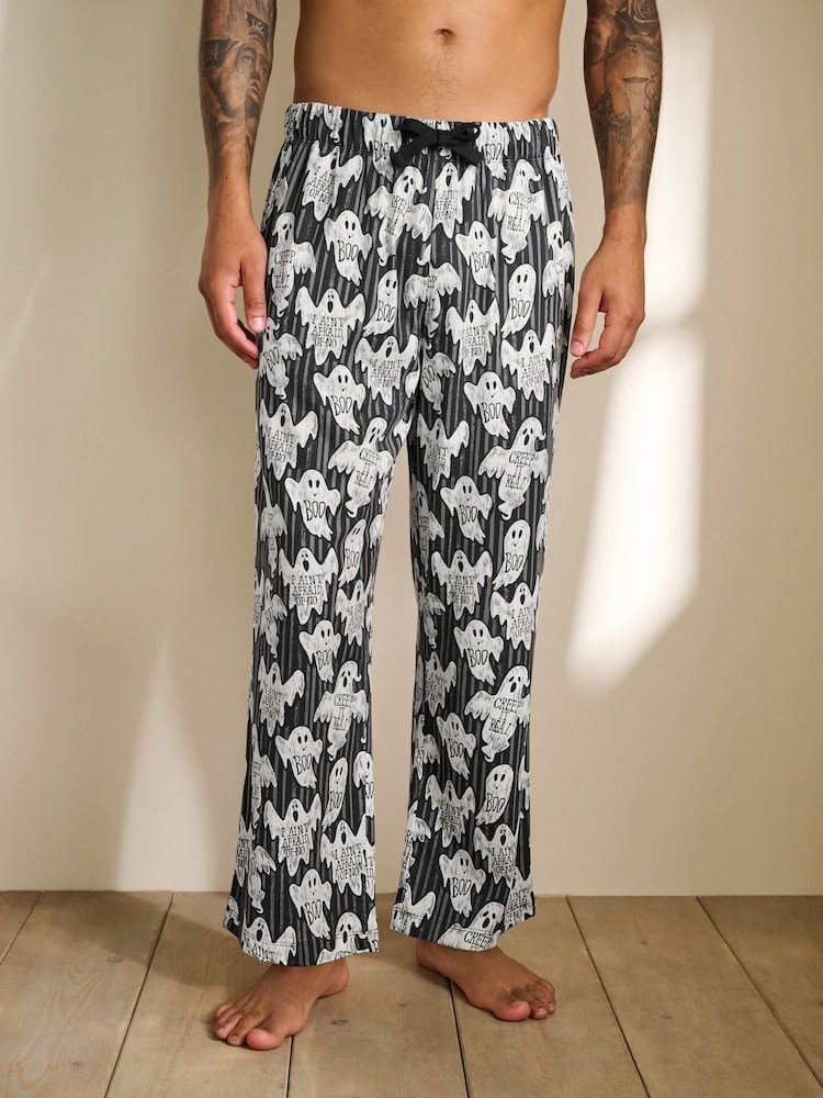 Black Halloween Ghost Stripe Jersey Long Pyjama Bottoms - Image 1 of 8