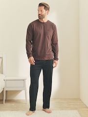 Chocolate Brown/Black Long Sleeve Jersey Cotton Pyjamas Set - Image 1 of 13