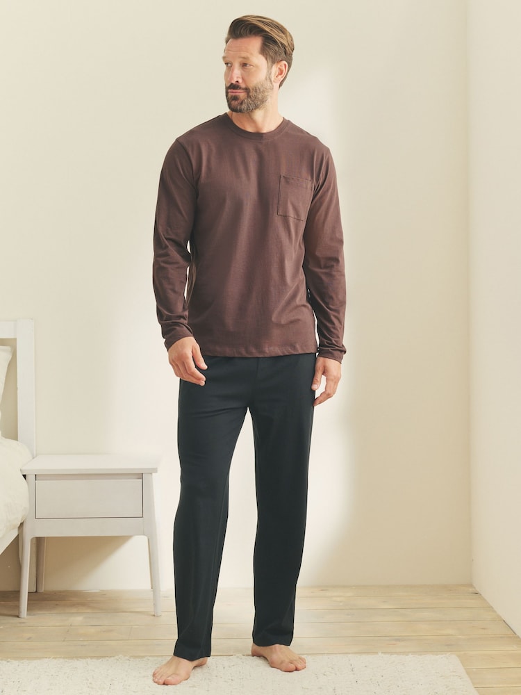 Chocolate Brown/Black Long Sleeve Jersey Cotton Pyjamas Set - Image 1 of 13